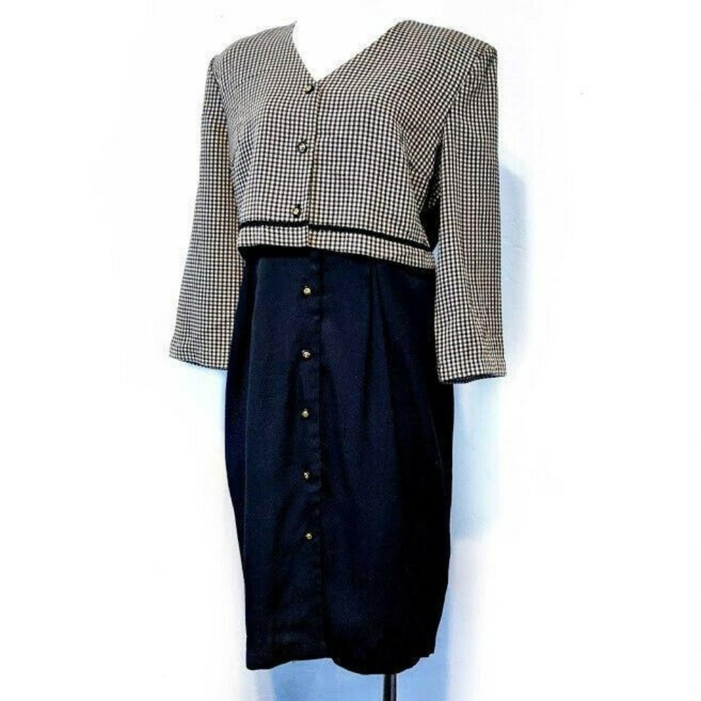 Vintage Olivia Rose Womens 12P Checkered Button Top Black Dress